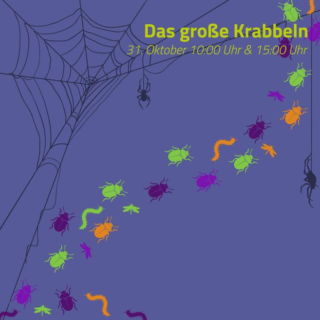 A work of art featuring colorful insects and a spider web on a purple background. The text announces an event called "The Great Crawling" on October 31 at 6 p.m.