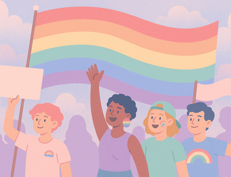 ymbolisches Bild einer CSD-Demonstration in sanften Pastelltönen – stilisierte Menschen mit Regenbogenflagge vor wolkigem Hintergrund, ohne erkennbare Gesichter oder reale Details.