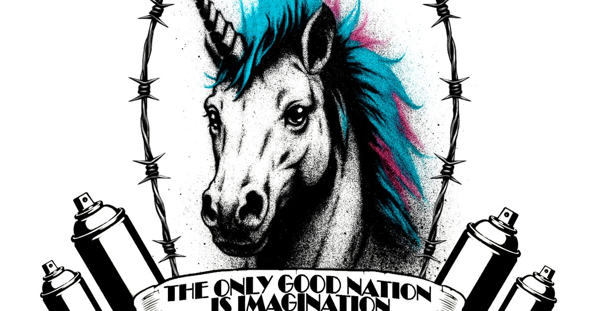 The only good nation is imagination Pop-Up Galerie Logo. Ein Einhorn mit Spraydosen und einem Banner.