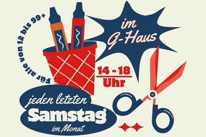 Grafik mit Stiften, Schere und Text zu einem Kreativ-Event im G-Haus.
