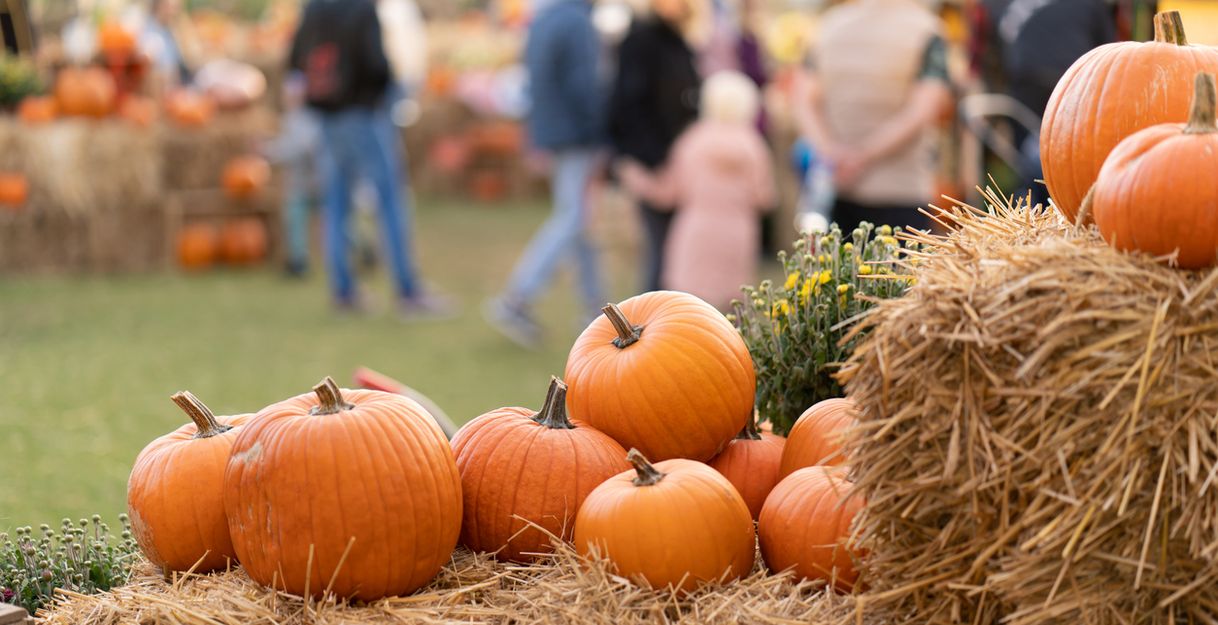 Kürbisse auf Heuballen bei einem Herbstmarkt.