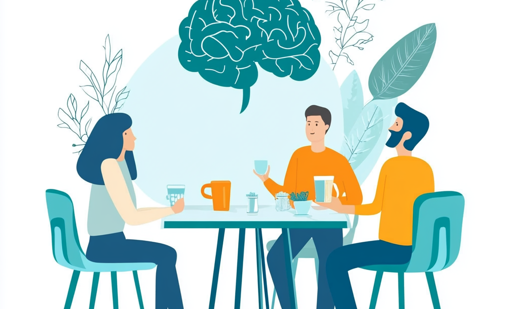 Gruppe sitzt mit Gehirnwolke ein einem Tisch und unterhält sich angeregt