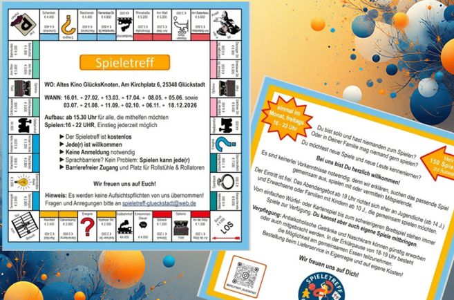Ein Flyer für einen Spieletreff mit Informationen zu Ort, Zeit und Teilnahmebedingungen. Enthält ein Spielbrett-Design und bunte grafische Elemente.