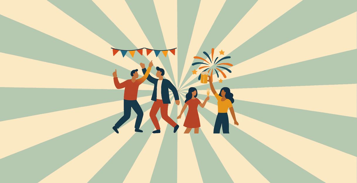 Illustration von Menschen, die auf einem Sommerfest tanzen und feiern.