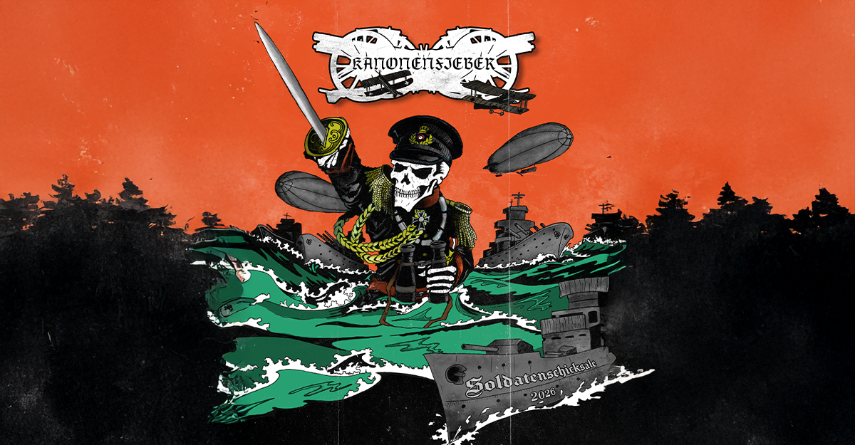 Illustration eines Skeletts in Uniform mit Schwert und Fernglas, umgeben von Kriegsschiffen und Zeppelinen vor einem orangefarbenen Himmel.