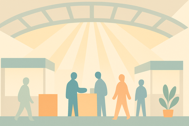 Abstrakte Illustration einer Messehalle mit Ständen, stilisierten Figuren und gewölbter Deckenstruktur in Pastelltönen.