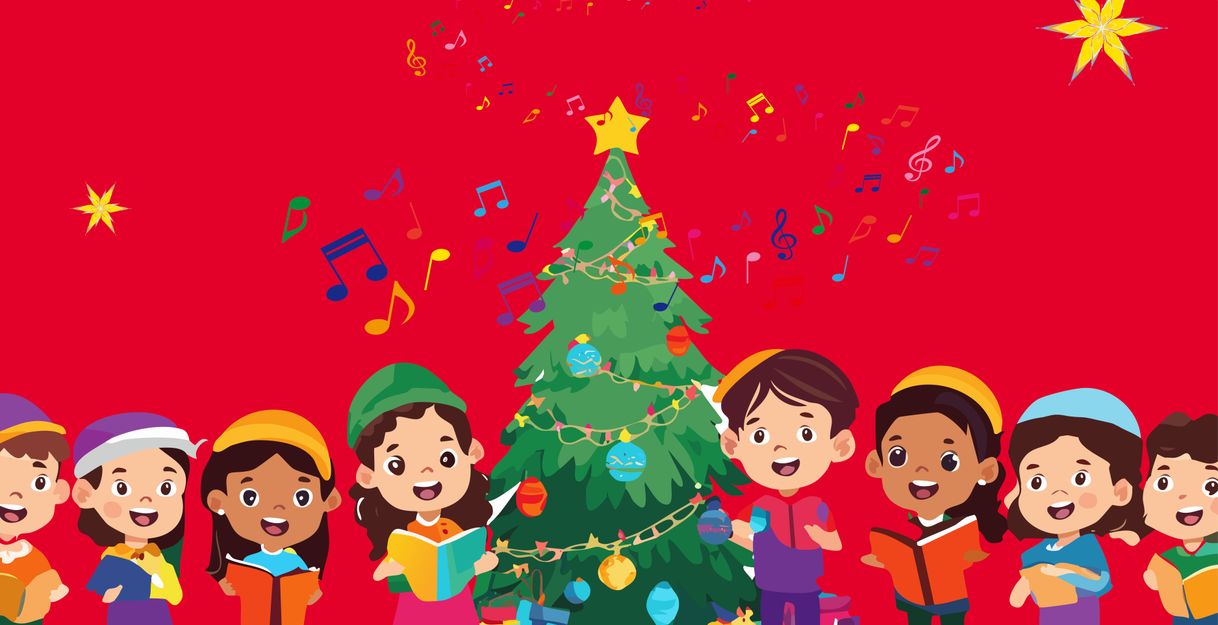 Kinder stehen singend um einen geschmückten weihnachtsbaum