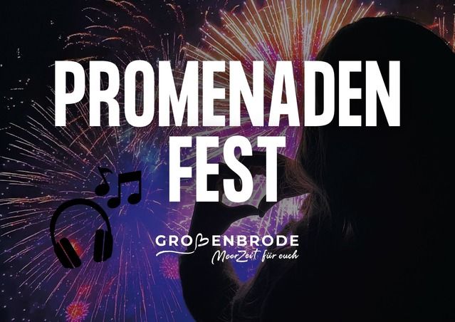 Silhouette einer Person mit Kopfhörern vor einem Feuerwerk, begleitet von Text: 'Promenadenfest Großenbrode'.