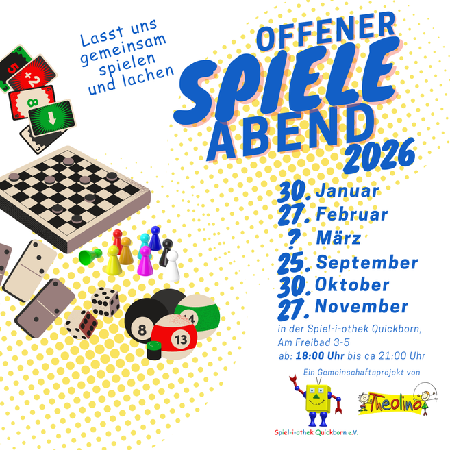 Poster für einen offenen Spieleabend 2026 mit Terminen und bunten Spielsteinen.