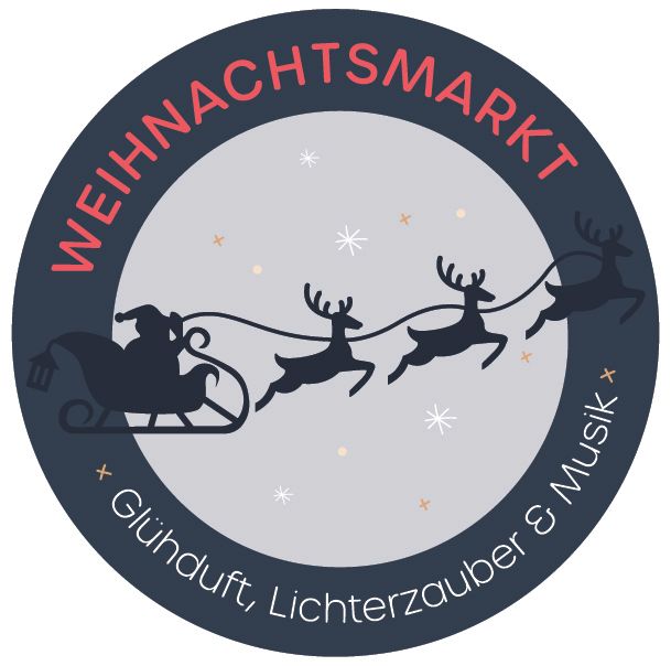 Logo eines Weihnachtsmarkts mit einem Schlitten und Rentieren.