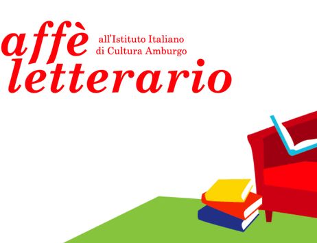 Grafik "Caffè letterario all'Istituto Italiano di Cultura Amburgo", Logo des IIC Hamburg, Sessel mit Büchern