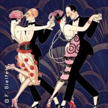 Zwei elegant gekleidete Paare tanzen im Stil der 1920er Jahre vor einem Art-Deco-Hintergrund.