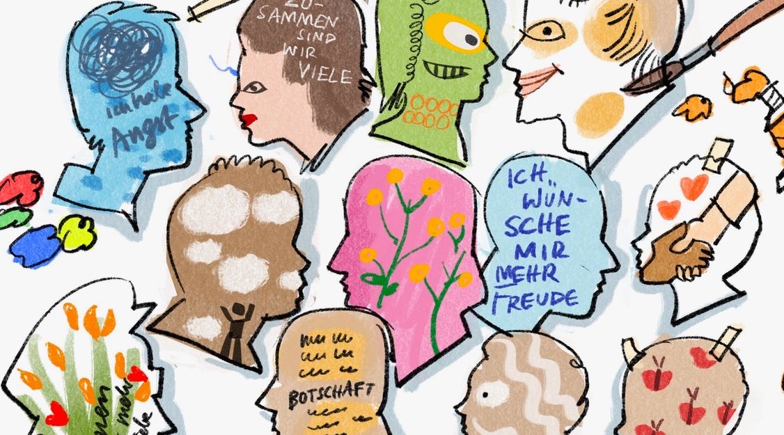 Bunte Zeichnungen von Profilen mit verschiedenen Mustern und Texten wie "Ich habe Angst" und "Ich wünsche mir mehr Freude".