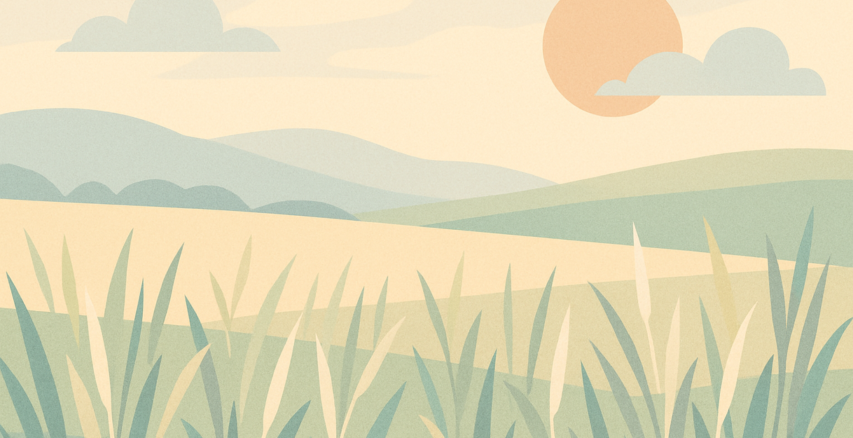 Illustration einer Wiese mit Gräsern, Hügeln und einer Sonne am Himmel.