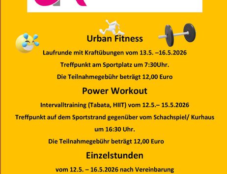 Ein Flyer für das Kellenhusen Camp 2026 mit Fitnessangeboten und Anmeldedetails.