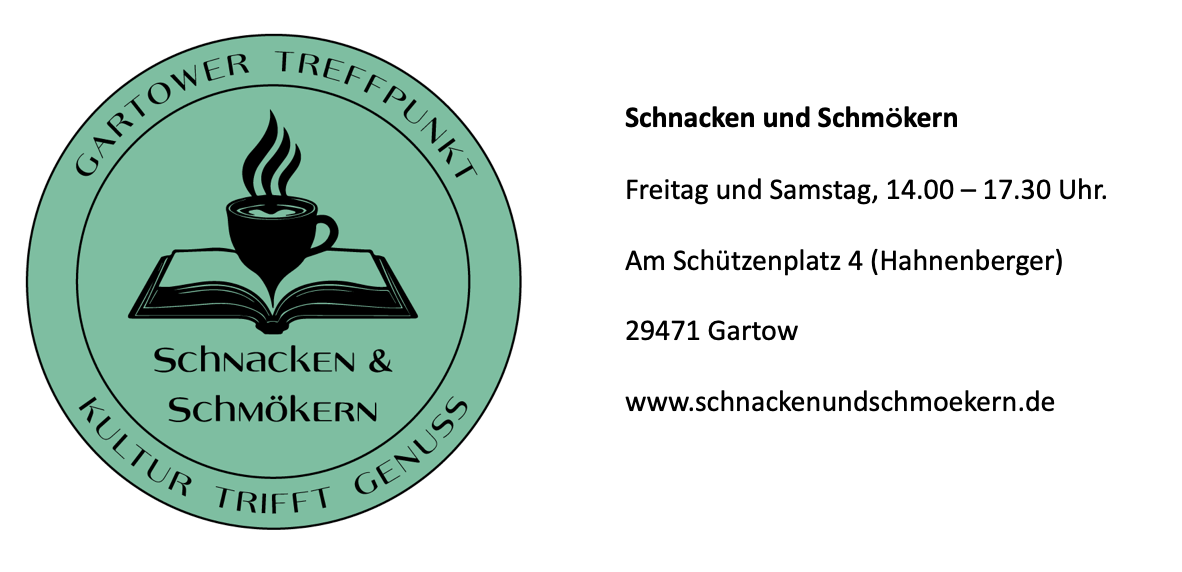 Logo von Schnacken & Schmökern mit einer Tasse und einem Buch, daneben Veranstaltungsdetails in Gartow.