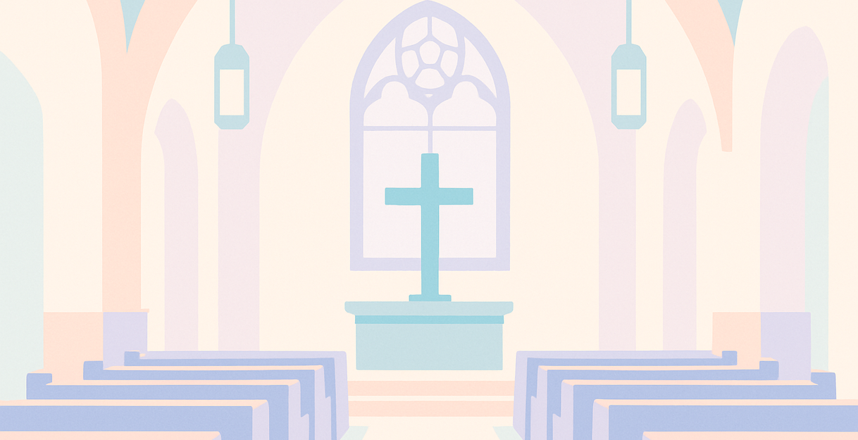Illustration einer Kirche mit Bänken, Altar und Kreuz.