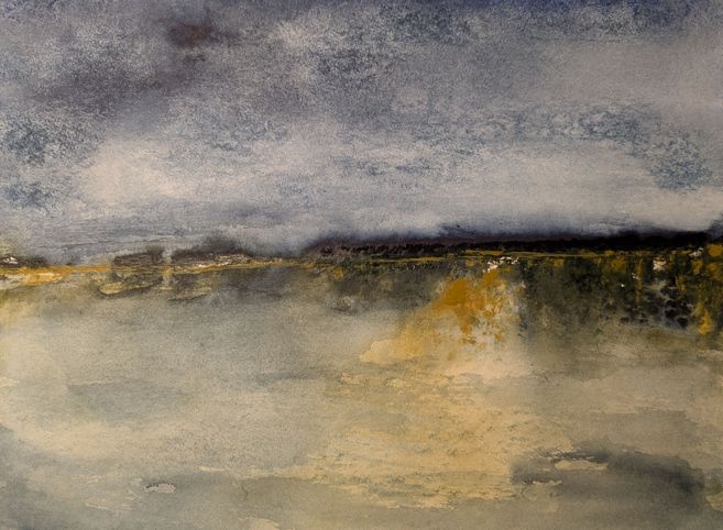 Abstrakte Aquarellmalerei mit blauen und gelben Tönen, die eine Landschaft andeuten.