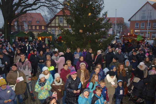Menschenmenge auf einem Weihnachtsmarkt mit geschmücktem Baum im Hintergrund.