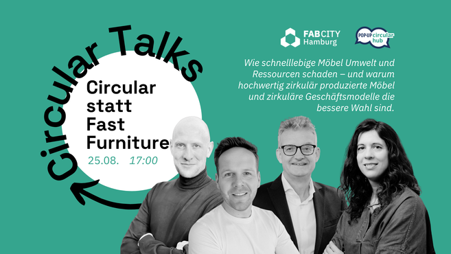 Veranstaltungsbanner zur Veranstaltung „Circular statt Fast Furniture“ mit vier abgebildeten Referent:innen.