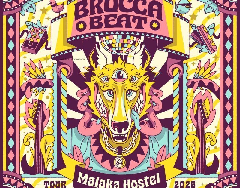 Psychedelisches Poster mit einem dreiaugigen Wolf und dem Schriftzug 'Brucca Beat Tour 2026 Malaka Hostel'.