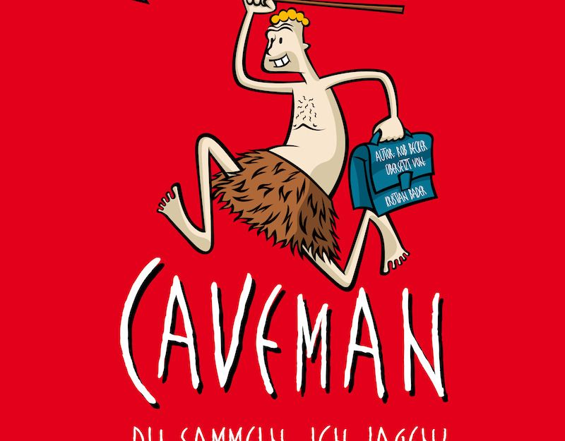 Illustration eines fröhlichen Höhlenmenschen mit Speer und Aktentasche auf rotem Hintergrund.