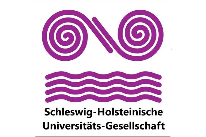 Logo der Schleswig-Holsteinischen Universitäts-Gesellschaft mit lila Spiralen und Wellen.