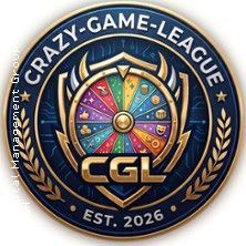 Logo der Crazy Game League mit einem bunten Rad und goldenen Verzierungen.