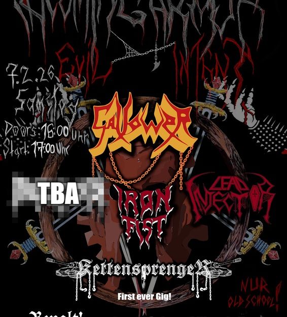 Poster für ein Metal-Konzert mit mehreren Bandlogos und Veranstaltungsdetails.