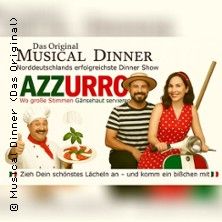 Werbung für das Musical Dinner 'Azzurro' mit drei Personen in italienischer Kleidung und einem Teller Pasta.