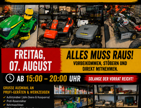 Plakat für den Hallenflohmarkt „Auflösung Hausmeisterservices“ am Freitag, 7. August, von 15 bis 20 Uhr in Hamburg. Abgebildet sind Aufsitzmäher, Rasenmäher, Kehrmaschinen, Werkzeuge und gefüllte Lagerregale.