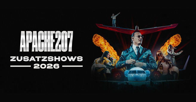 Poster für Apache 207 Zusatzshows 2026 mit Flugzeug und Feuer im Hintergrund.