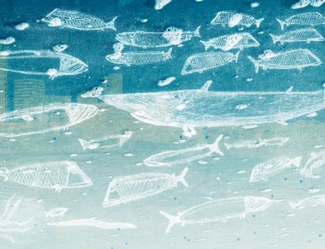 Eine Zeichnung auf der ein Fischschwarm zu sehen ist