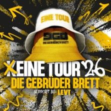 Werbeposter für 'Keine Tour '26' von Die Gebrüder Brett mit gelbem Hut und Pfeilen.