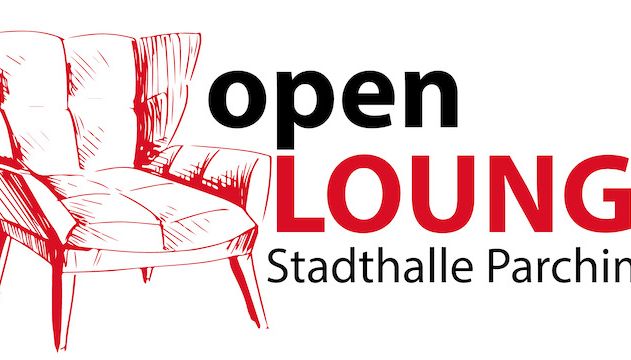 Logo der Veranstaltung 'open Lounge' mit einem roten Sessel und Text 'Stadthalle Parchim'.