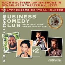 Plakat für den Business Comedy Club mit Bildern von vier Comedians und Text über eine Premiere im Scharlatan Theater Hamburg.