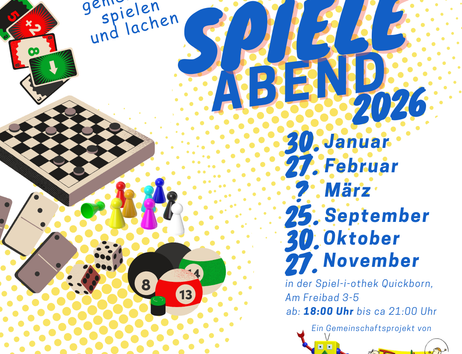 Poster für einen offenen Spieleabend 2026 mit Terminen und bunten Spielsteinen.