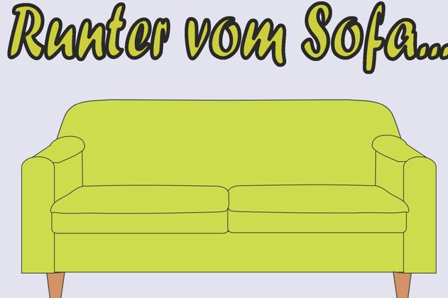 Illustration eines grünen Sofas mit dem Text 'Runter vom Sofa' darüber.