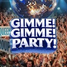 Menschenmenge bei einer Party mit einer großen Discokugel und dem Schriftzug 'Gimme! Gimme! Party!' im Vordergrund.
