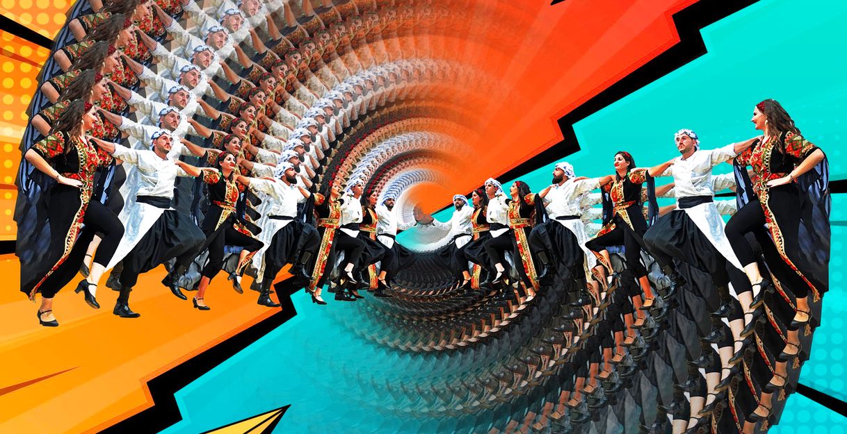People lined up dance with their legs bent upwards. They are festively dressed, mainly in black and white. They are mirrored in the middle. Lightning bolts protrude from the corners. An organ red background at the top, a blue background at the bottom.