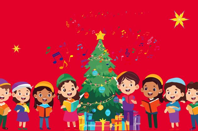 Kinder stehen singend um einen geschmückten weihnachtsbaum