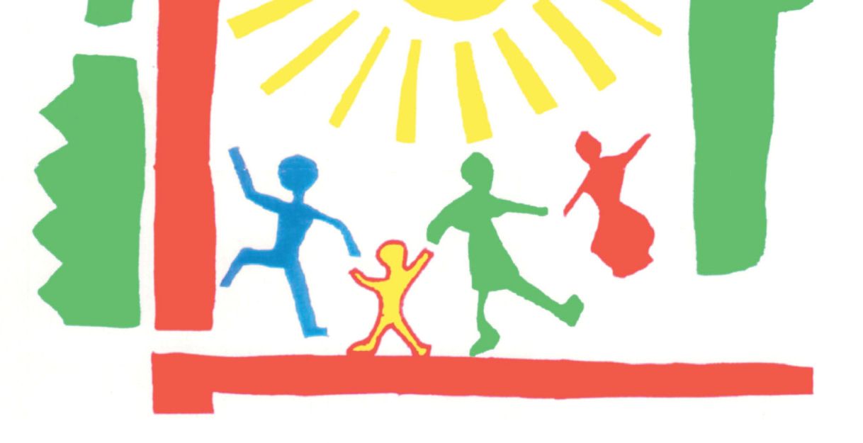 Plakat für ein Nachbarschaftsfest in Neuschönningstedt mit bunten Figuren und einer Sonne.