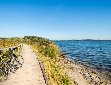 Ein Holzsteg mit einem Fahrrad führt entlang des Dassower Sees unter einem klaren blauen Himmel.