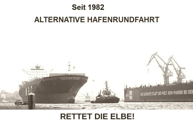 Blick auf die Elbe mit Werft, Schlepper, Containerschiff und Barkasse