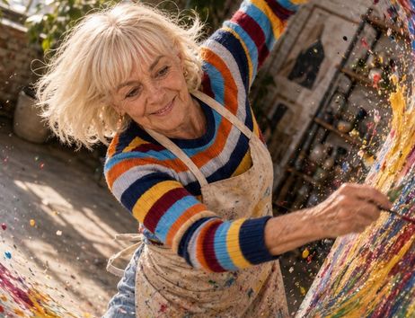 Barbara Kobus-Kath malt im Freien an einer farbenfrohen Leinwand; Farbspritzer fliegen durch die Luft.