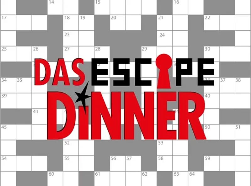Logo von 'Das Escape Dinner' auf einem Kreuzworträtsel-Hintergrund.