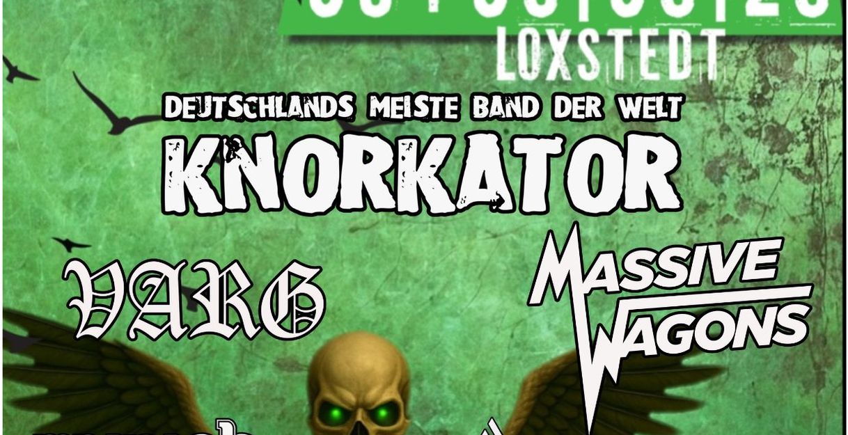 Poster für das Rock House Open Air Festival 2026 mit Bandnamen und einem Skelett auf grünem Hintergrund.