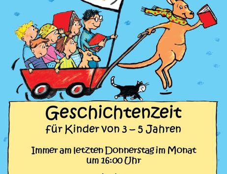 Plakat Geschichtenzeit: Kinder im Bollergwagen, der von einem Känguru gezogen wird