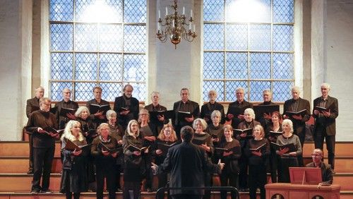 Ein Chor singt in einer Kirche vor großen Fenstern, dirigiert von einer Person im Vordergrund.