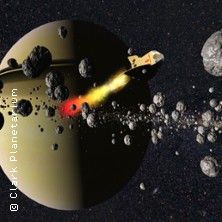 Illustration einer Rakete, die durch einen Asteroidengürtel fliegt, mit einem großen Planeten im Hintergrund.